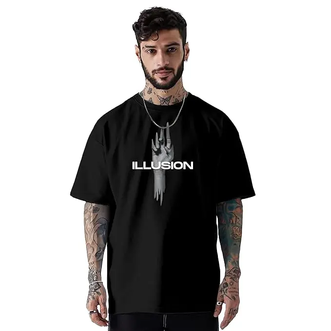 SHODOX Men's 100% Pure Cotton Relaxed Fit Drop Shoulder Premium Front & Back Printed Black Oversized T-Shirt
