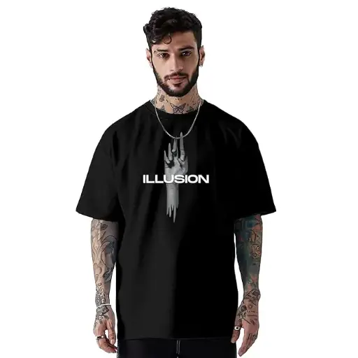 SHODOX Men's 100% Pure Cotton Relaxed Fit Drop Shoulder Premium Front & Back Printed Black Oversized T-Shirt